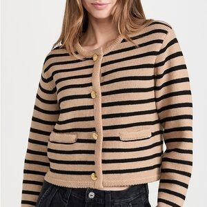 English Factory Tan & Black Striped Knit Cardigan | Gold Buttons - XS